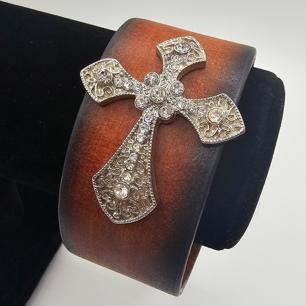 Brown Genuine Leather Cross Cuff Bracelet Rhinestone Western Y2K Statement Faith